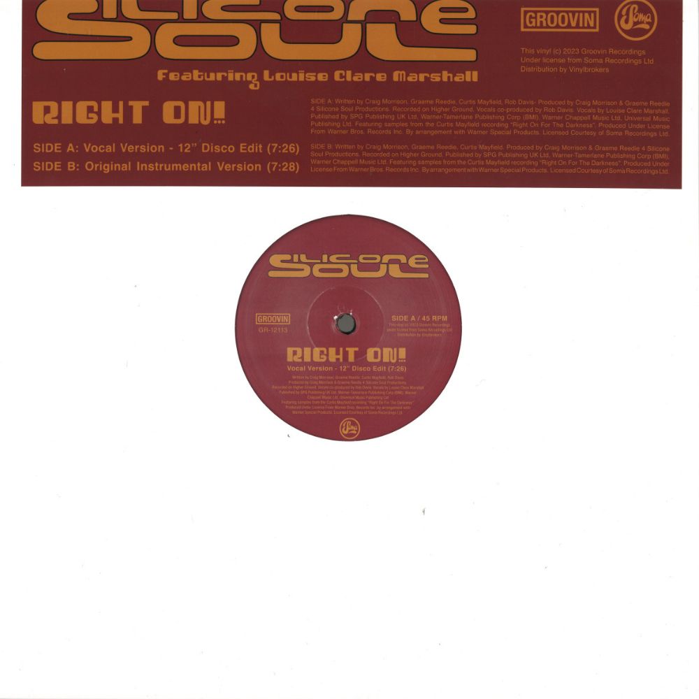Portada delantera del vinilo de Silicone Soul – Right On! editado por Groovin Recordings, 12", reedición. Se lee el listado del lado A y créditos.