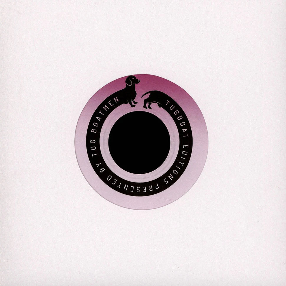 Etiqueta central del vinilo Social Lovers – Love Come Down con diseño en degradado rosa y logo de dos perros de Tugboat Editions, formato 7", 45 RPM.
