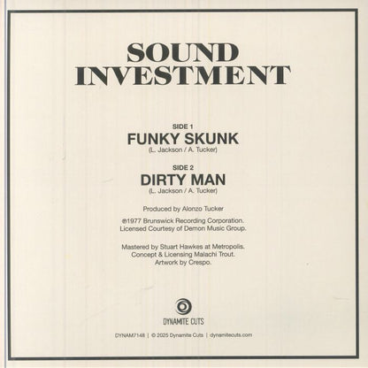 Portada trasera del vinilo Sound Investment – Funky Skunk editado por Dynamite Cuts. Incluye lista de canciones, créditos y año 1977.