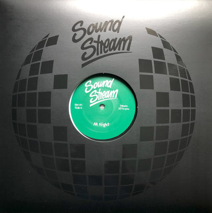Portada de vinilo Sound Stream – All Night, funda negra con diseño geométrico tipo globo y logo Sound Stream en grande, reedición 12".