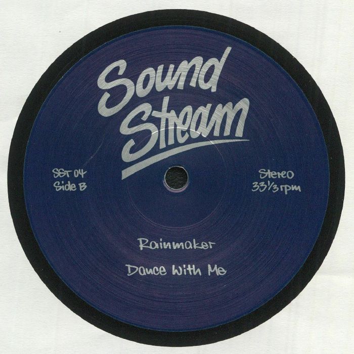 Contraportada del vinilo Sound Stream - “Live” Goes On, publicado por el sello Sound Stream en 12". Presenta la lista de pistas del lado B con tipografía manuscrita. Texto impreso: "Sound Stream", SST 04, Side B, Stereo, 33⅓ rpm, Rainmaker, Dance With Me.