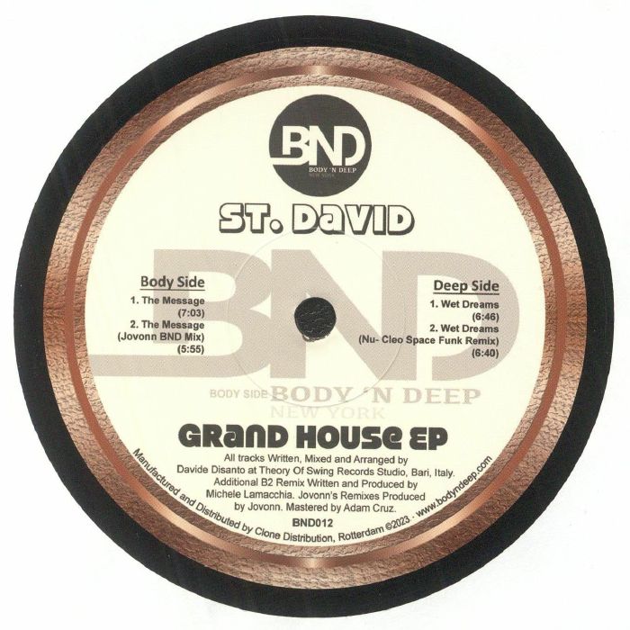 Portada delantera del vinilo St. David – Grand House EP lanzado por el sello Body 'N Deep. Incluye los temas "The Message" y su remix, además de créditos de producción.