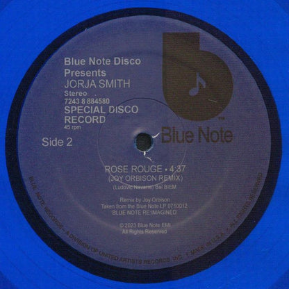 Etiqueta central del lado B del vinilo azul 12" St Germain, Jorja Smith – Rose Rouge de Blue Note, con el remix de Joy Orbison (4:37), publicado en 2023 como parte de Blue Note Re:imagined.