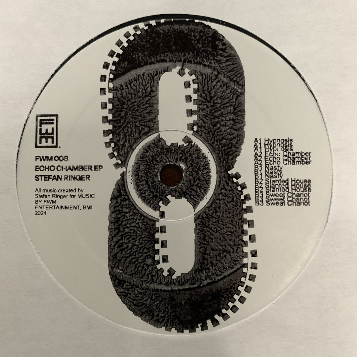 Lado A del vinilo Stefan Ringer – Echo Chamber EP, etiqueta FWM008 con tracklist y arte abstracto en blanco y negro, EP 12" de FWM Entertainment.