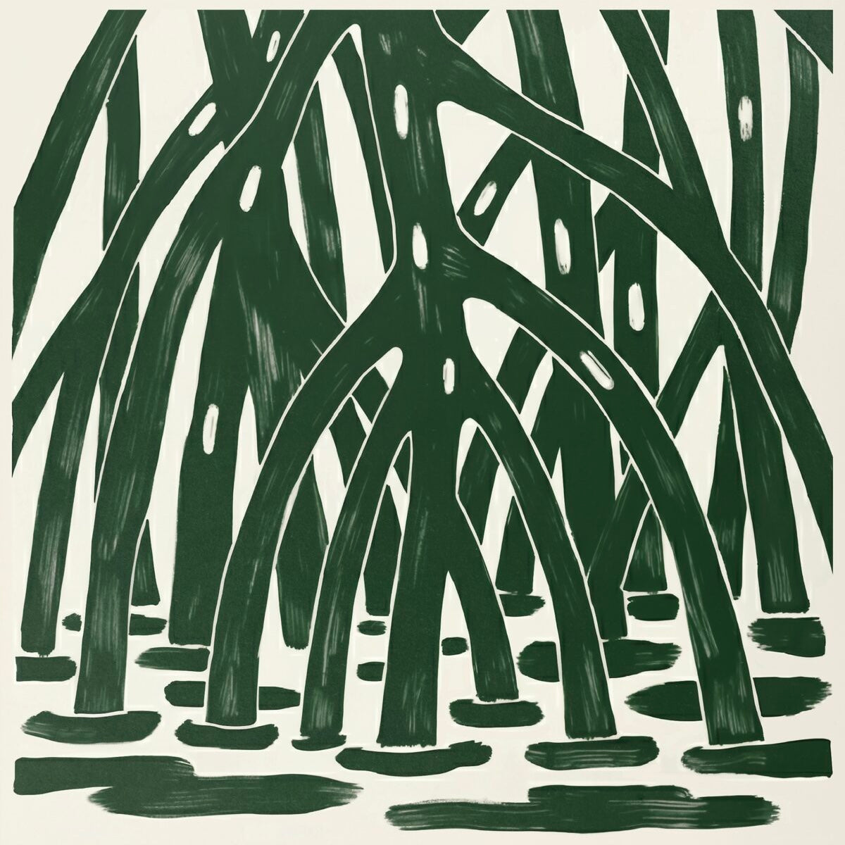 Portada de vinilo Stefano Nardon – Mangrovia / Underwater 7" Forbidden Dance, ilustración de raíces de manglar verdes sobre fondo claro, estilo minimalista y orgánico.