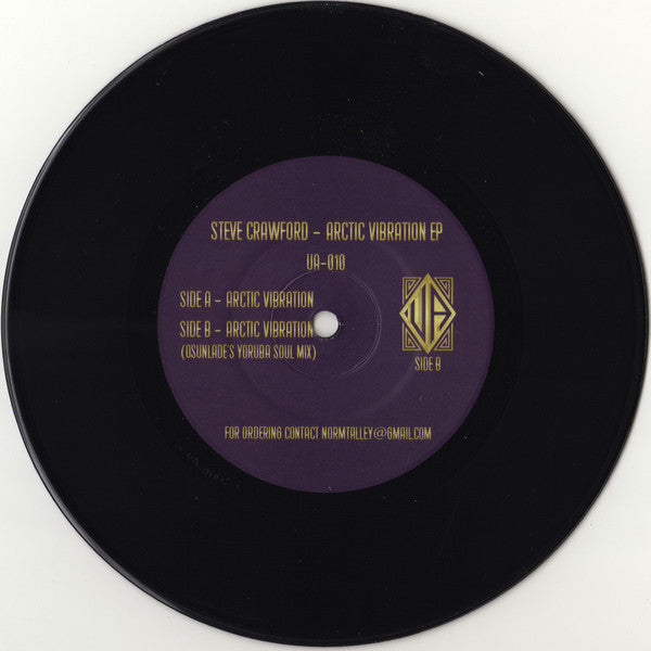 Lado A del vinilo 7" Steve Crawford – Arctic Vibration EP con etiqueta púrpura UA-010 y créditos impresos en dorado.