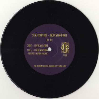 Lado A del vinilo 7" Steve Crawford – Arctic Vibration EP con etiqueta púrpura UA-010 y créditos impresos en dorado.