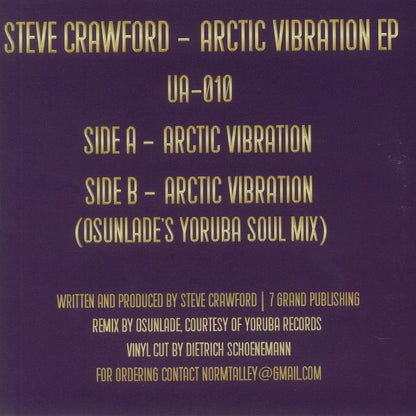 Contraportada del vinilo 7" Steve Crawford – Arctic Vibration EP con tracks Side A y remix Yoruba Soul Mix de Osunlade.