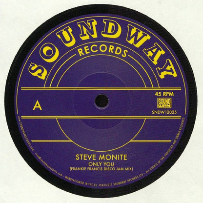 Etiqueta del lado A del vinilo Steve Monite / Tabu Ley Rochereau – Only You / Hafi Deo lanzado por Soundway. Incluye “Only You (Frankie Francis Disco Jam Mix)”.