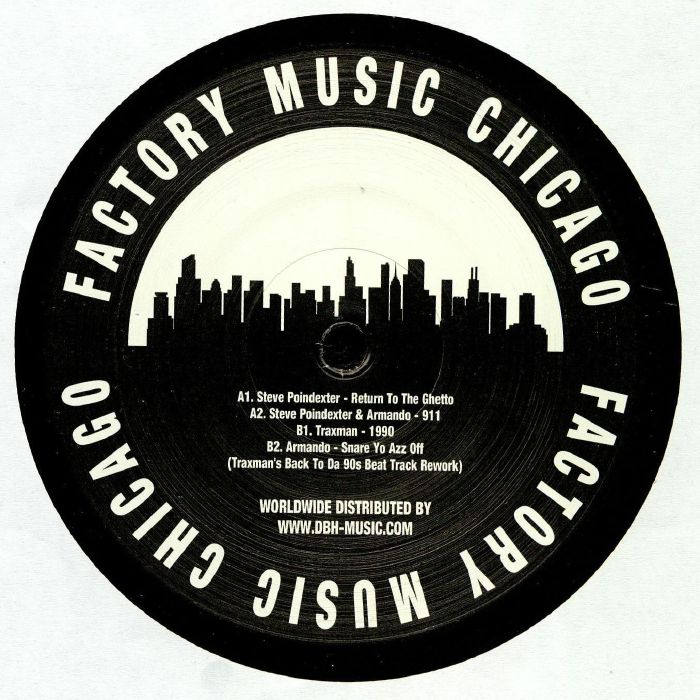 Contraportada del vinilo "Back To The Future EP" de Steve Poindexter y Traxman, sello Factory Music Chicago. Incluye lista de canciones y créditos.