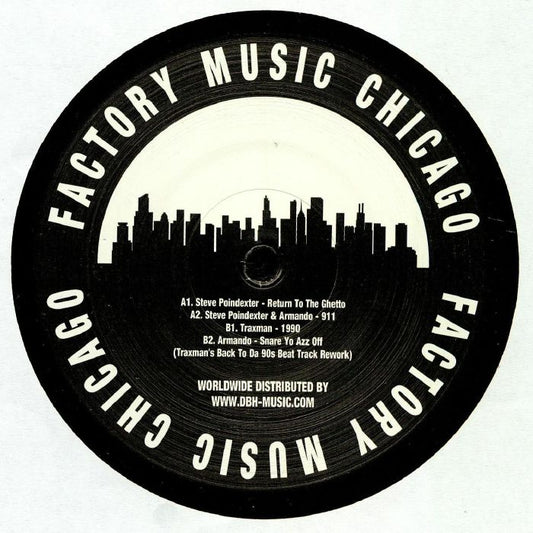 Contraportada del vinilo "Back To The Future EP" de Steve Poindexter y Traxman, sello Factory Music Chicago. Incluye lista de canciones y créditos.