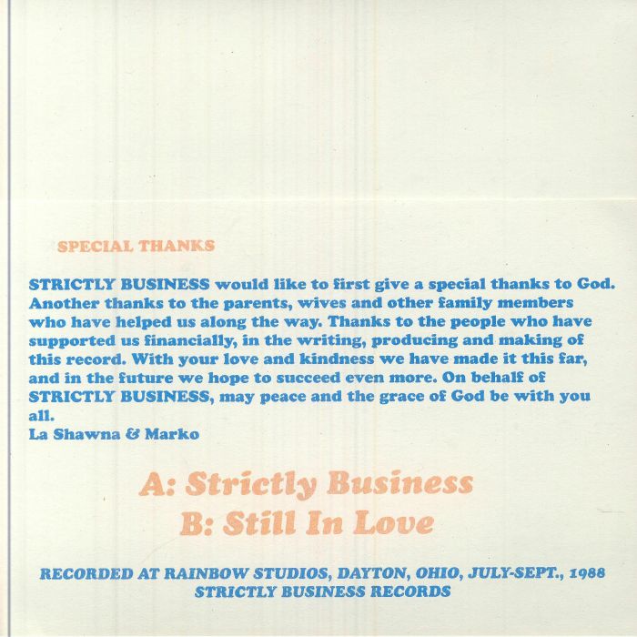 Contraportada del vinilo Strictly Business – Strictly Business con agradecimientos, créditos y pistas grabadas en 1988 en Dayton.