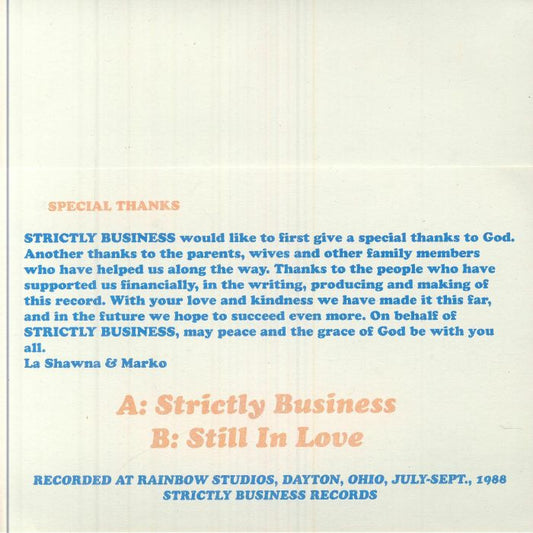 Contraportada del vinilo Strictly Business – Strictly Business con agradecimientos, créditos y pistas grabadas en 1988 en Dayton.
