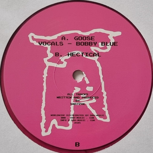 Lado B del vinilo Swayzak – Goose / Hectical 12" púrpura y negro marmoleado, label rosa con A. Goose vocals Bobby Blue y B. Hectical, créditos y distribución DBH Music 2023.