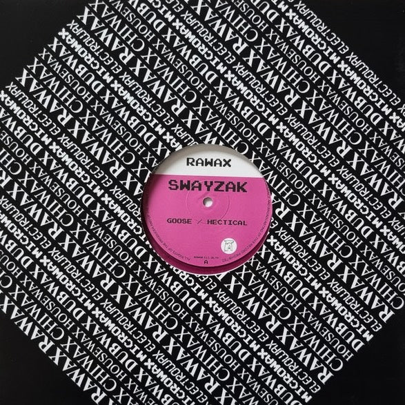 Portada del vinilo Swayzak – Goose / Hectical en 12" púrpura y negro marmoleado, sello Rawax, funda con patrón tipográfico RAWAX repetido y label rosa visible en el centro.