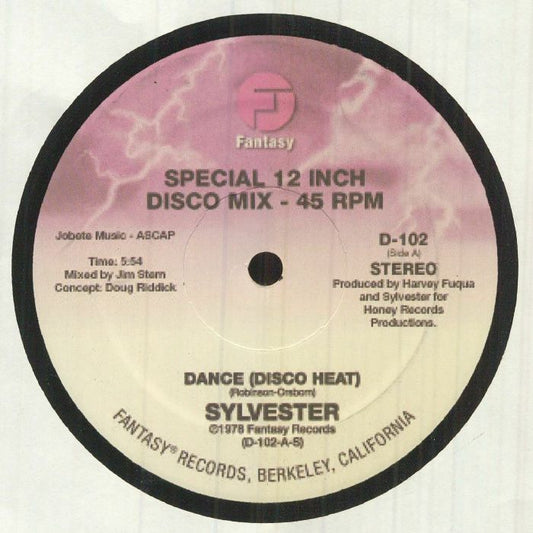 Portada trasera del vinilo Sylvester - Dance (Disco Heat), lanzado por Fantasy en formato 12". Incluye créditos de producción y detalles del lanzamiento.