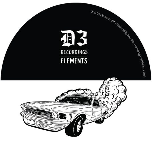 Etiqueta del lado opuesto del vinilo Synchrojack – Sugarhouse en D3 Elements 12", con logotipo del sello, información de masterización y el mismo coche ilustrado echando humo.