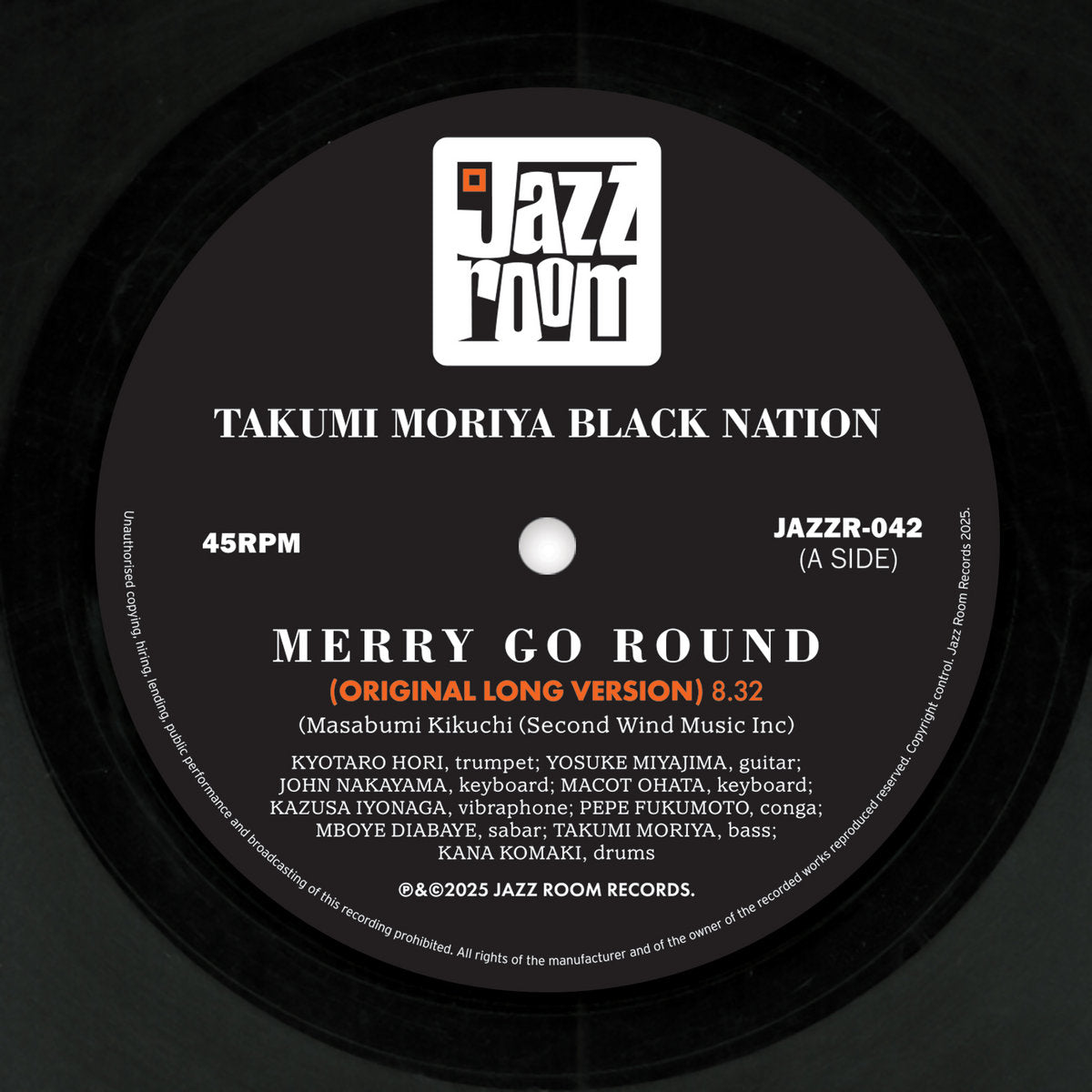 Etiqueta central del lado A del vinilo Takumi Moriya Black Nation – Merry Go Round con la versión original de 8:32, créditos de músicos y sello Jazz Room Records.