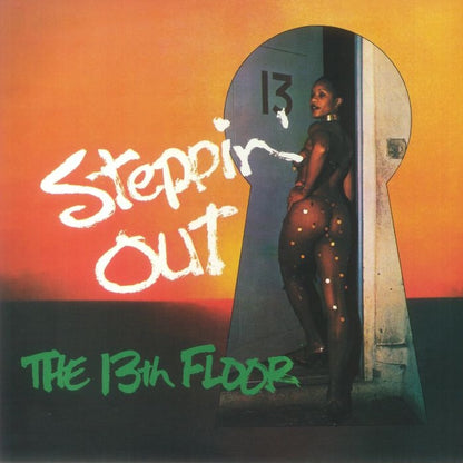 Portada del vinilo The 13th Floor – Steppin' Out con figura femenina en silueta y tipografía pintada sobre fondo naranja intenso.