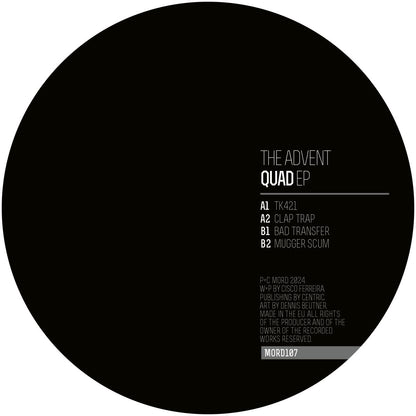 Etiqueta central lado B del vinilo The Advent – Quad EP en Mord, diseño minimal con listado de pistas y créditos del 12" EP.