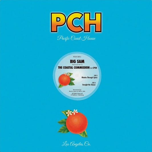 Vinilo de The Coastal Commission Feat. Cpen – Rhodes Through Space en funda azul de Pacific Coast House Recordings con toque cítrico retro.