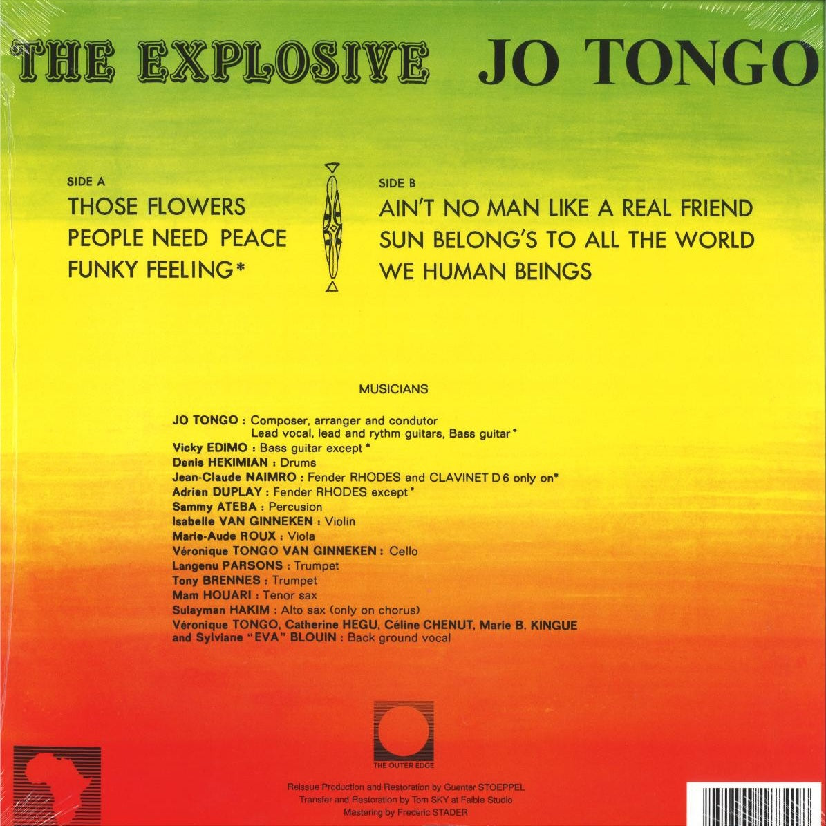 Contraportada del vinilo The Explosive Jo Tongo – Those Flowers, LP reedición The Outer Edge, tracklist lado A y B, músicos y créditos sobre fondo degradado.