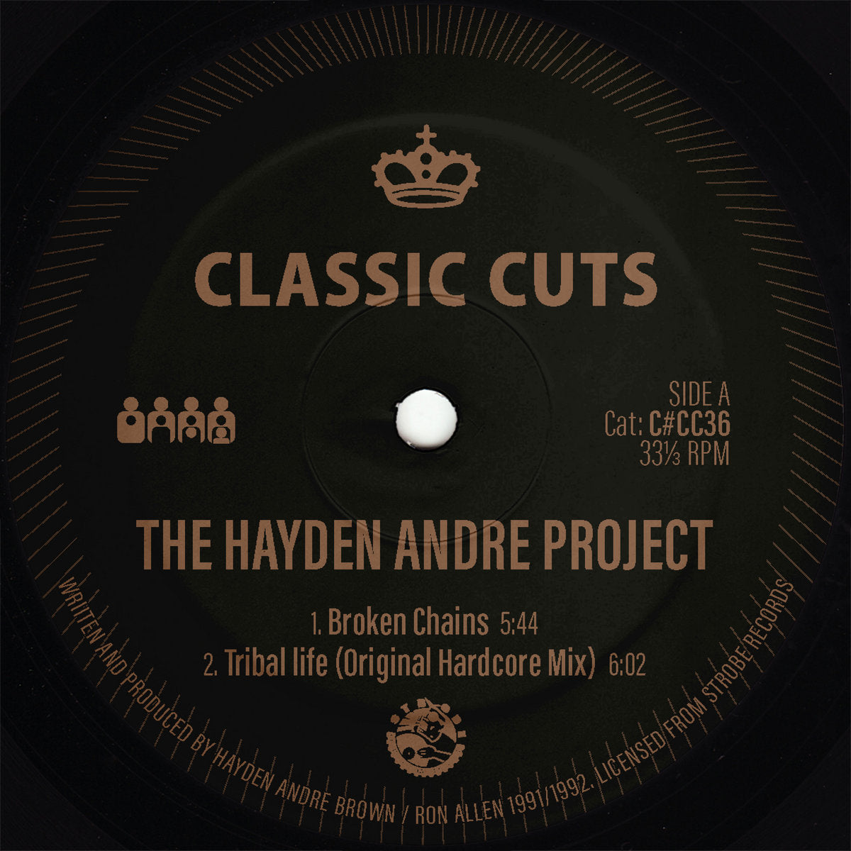 Etiqueta central del vinilo 12" EP The Hayden Andre Project / Kingdom Come – Tribal Life / Groovy Baby EP, lado A, con diseño de Clone Classic Cuts, muestra pistas “Broken Chains” (5:44) y “Tribal Life (Original Hardcore Mix)” (6:02), créditos a Hayden Andre Brown y Ron Allen, y número de catálogo C#CC36.