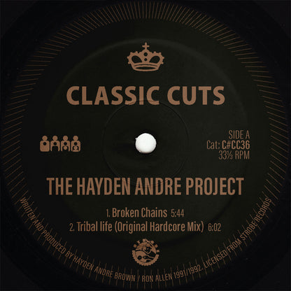 Etiqueta central del vinilo 12" EP The Hayden Andre Project / Kingdom Come – Tribal Life / Groovy Baby EP, lado A, con diseño de Clone Classic Cuts, muestra pistas “Broken Chains” (5:44) y “Tribal Life (Original Hardcore Mix)” (6:02), créditos a Hayden Andre Brown y Ron Allen, y número de catálogo C#CC36.