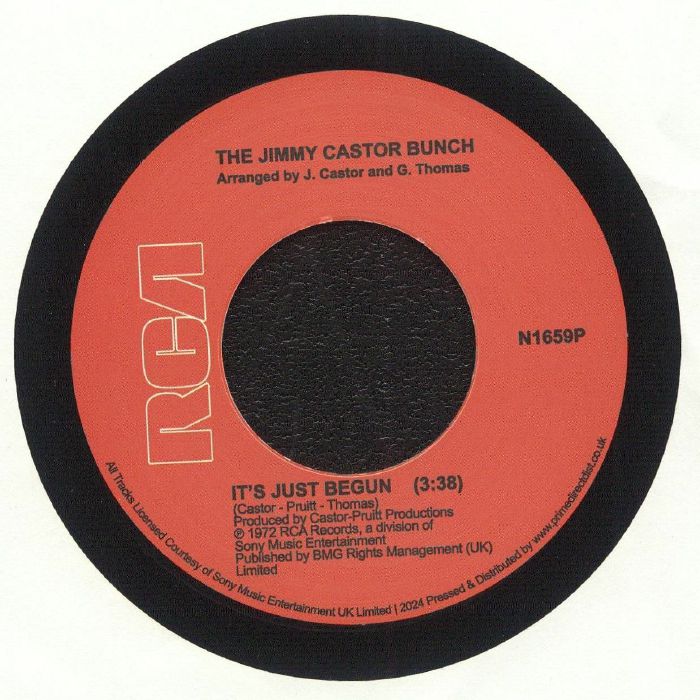 Etiqueta roja del vinilo The Jimmy Castor Bunch – It's Just Begun / Troglodyte (Cave Man) en formato 7", 45 RPM de RCA, mostrando el lado A con la pista “It’s Just Begun”, créditos visibles y catálogo N1659P.