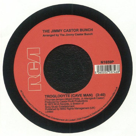 Etiqueta central del vinilo The Jimmy Castor Bunch – It's Just Begun / Troglodyte (Cave Man) editado por RCA, lado B con “Troglodyte (Cave Man)” y detalles de duración, catálogo y producción en rojo intenso.