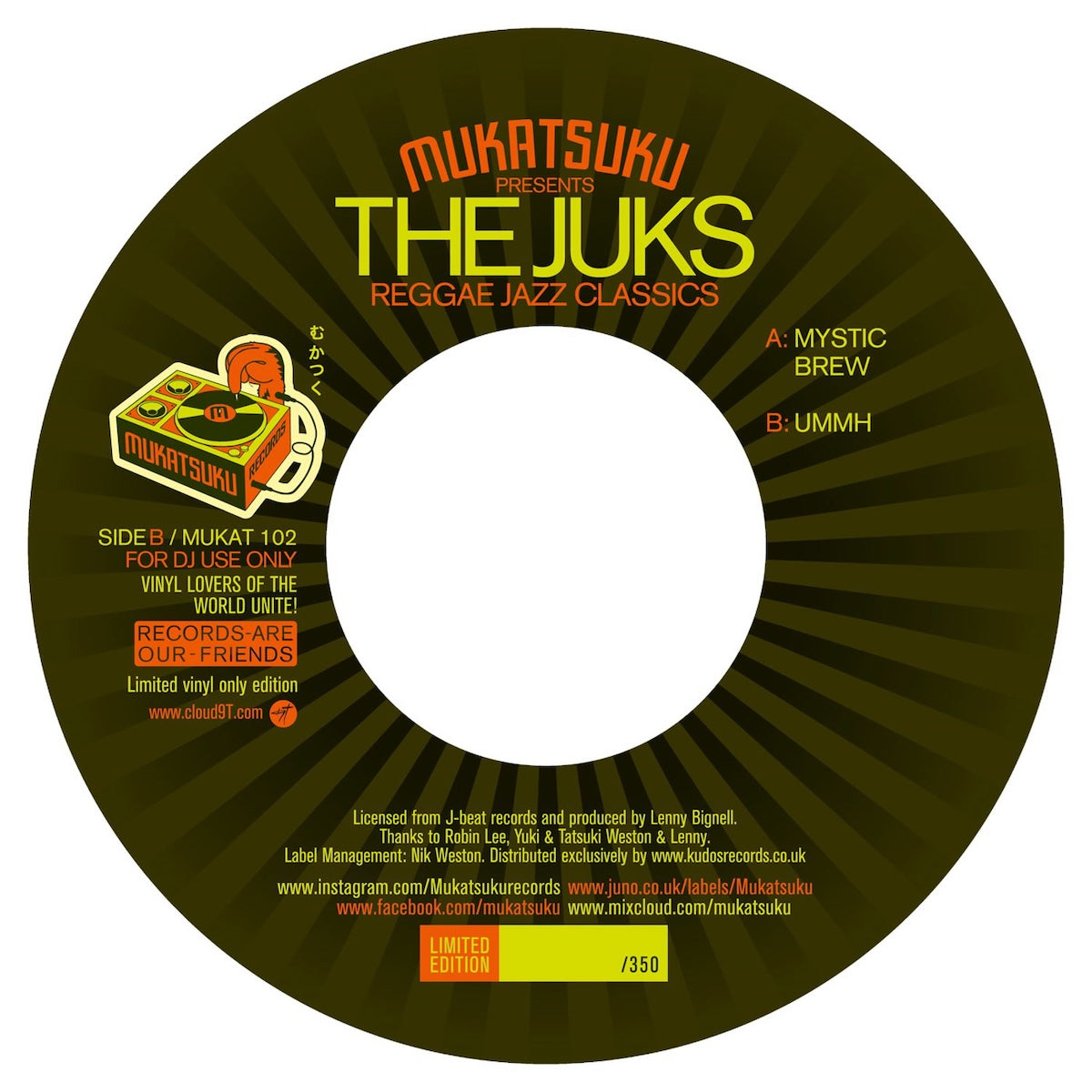 Lado B del vinilo The Juks – Reggae Jazz Classics, etiqueta central verde con rayos, Mukatsuku Records, pistas A Mystic Brew y B UMMH, 7", 45 RPM.