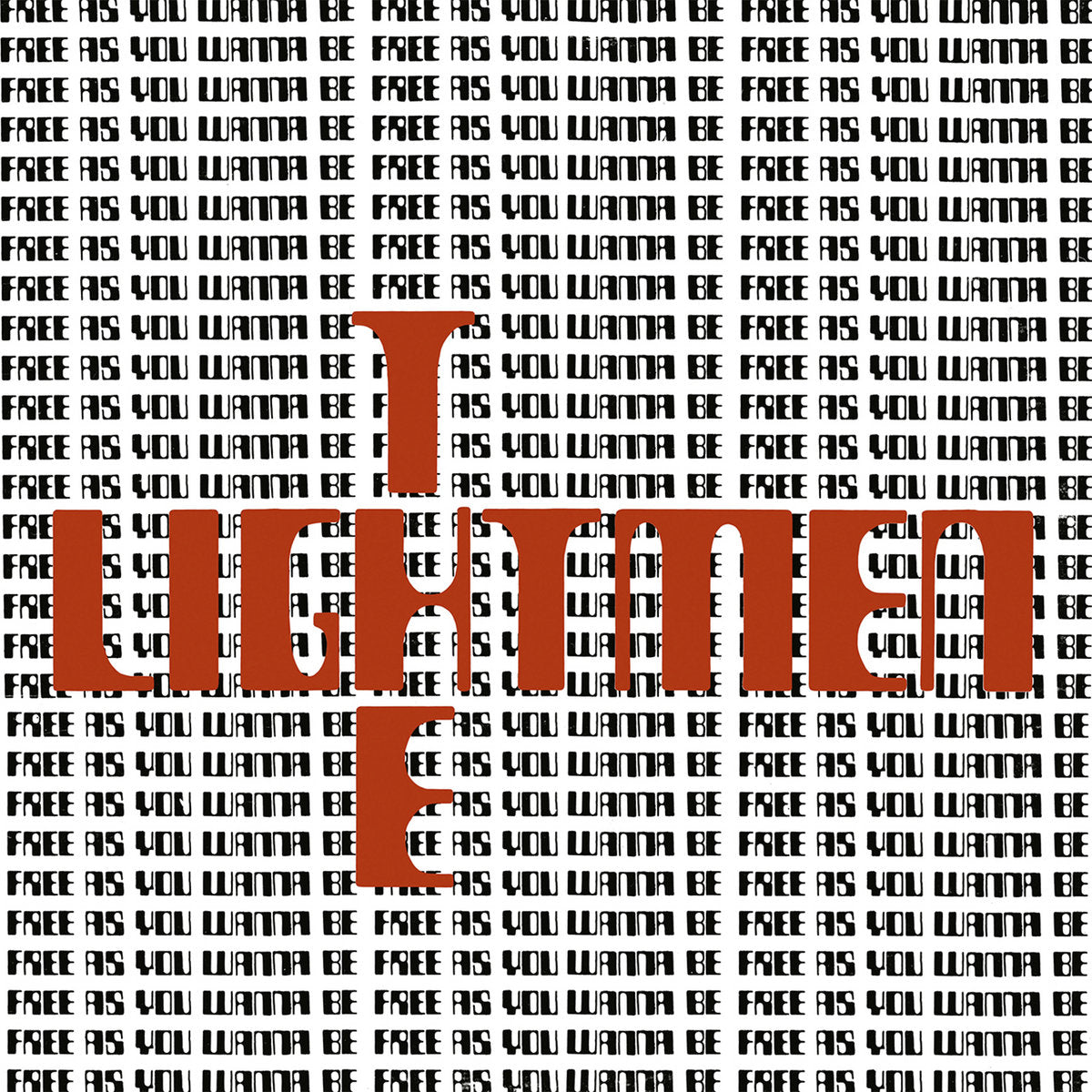Portada del vinilo The Lightmen – Free As You Wanna Be, con tipografía negra repetida y título rojo al centro.