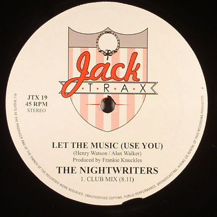 Etiqueta central del vinilo The Nightwriters – Let The Music (Use You) en el sello Jack Trax, edición 12" reedición. Se aprecia el logotipo clásico en rojo y gris, créditos de producción de Frankie Knuckles, duración del Club Mix (8:11) y número de catálogo JTX 19, todo sobre fondo blanco limpio. Ideal para coleccionistas y DJs que aman el sonido house original.