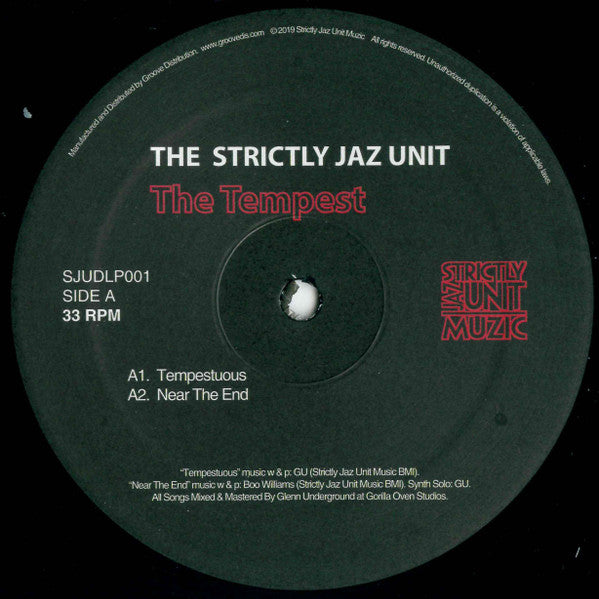 Etiqueta central del vinilo The Strictly Jaz Unit – The Tempest lado A, con temas “Tempestuous” y “Near The End”, créditos de GU y Boo Williams.
