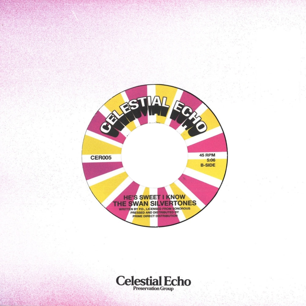 Contraportada del vinilo 7" de The Swan Silvertones, editado por Celestial Echo. Texto impreso: “He’s Sweet I Know”.