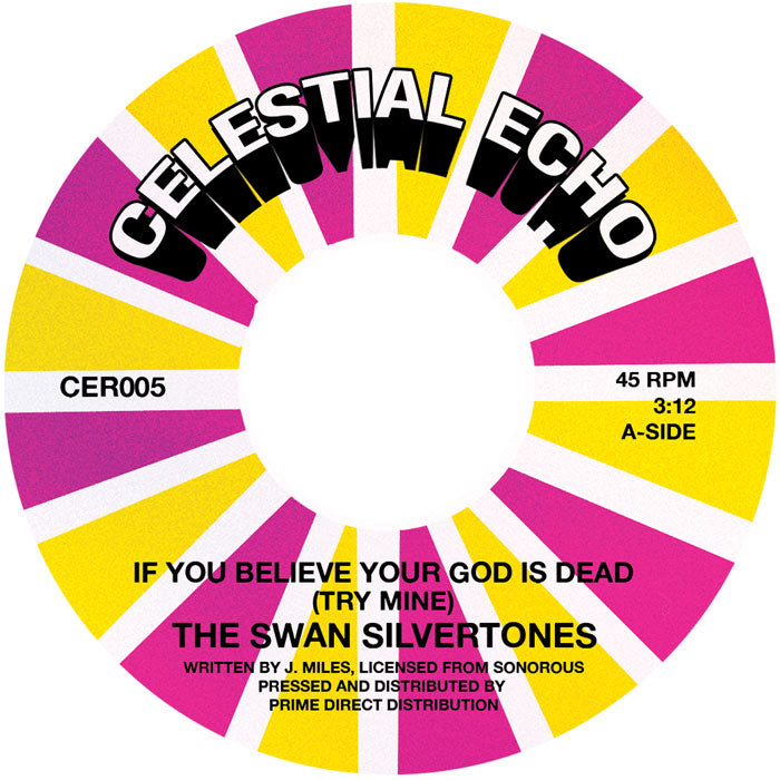 Etiqueta del lado A del vinilo 7" de The Swan Silvertones con el tema “If You Believe Your God Is Dead”. Texto impreso: duración 3:12, A-side.