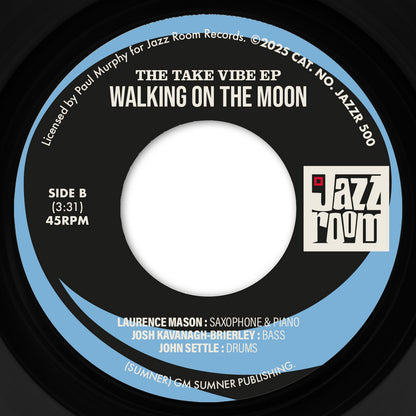 Lado B del vinilo The Take Vibe EP – Golden Brown / Walking On The Moon, etiqueta azul 45RPM con Walking On The Moon 3:31 y logo Jazz Room Records.