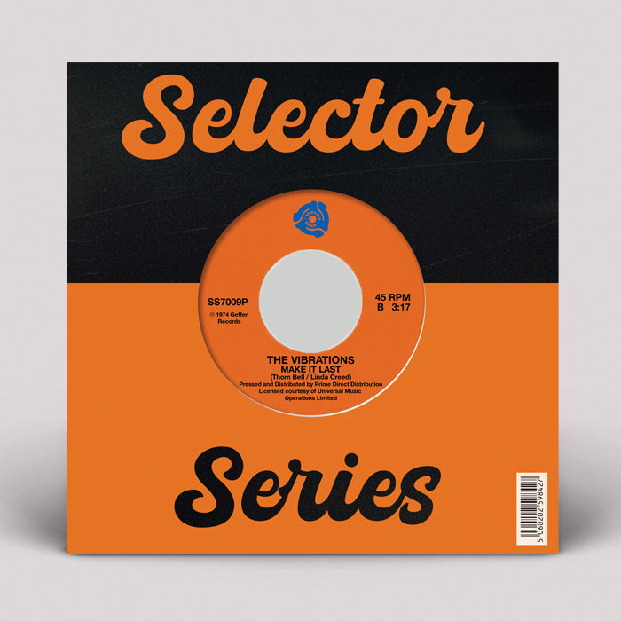 Portada trasera del vinilo de The Vibrations – Shake It Up / Make It Last. Vinilo 7" reedición bajo el sello Selector Series. Texto impreso: código de barras en esquina inferior derecha.