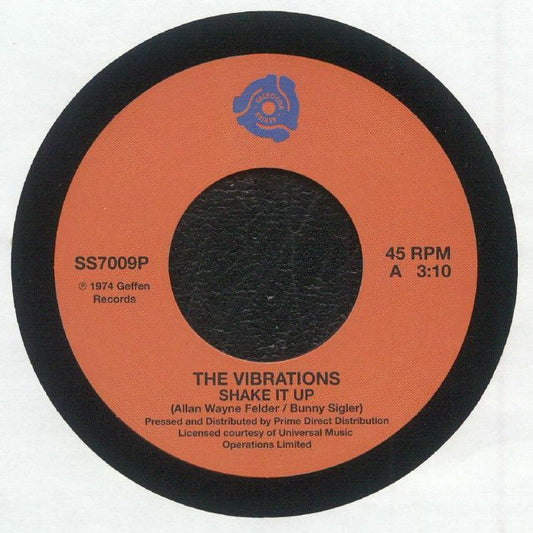 Etiqueta del lado A del vinilo con “Shake It Up” de The Vibrations. Vinilo 7" reedición bajo el sello Selector Series. Texto impreso: duración 3:10, autores Allan Wayne Felder y Bunny Sigler, distribuido por Prime Direct Distribution.