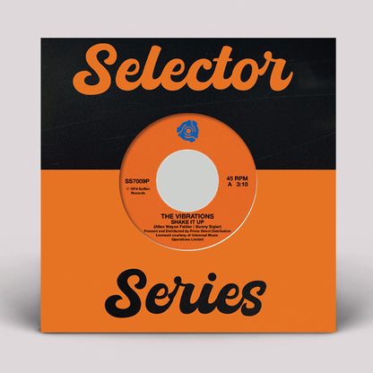 Portada delantera del vinilo de The Vibrations – Shake It Up / Make It Last. Vinilo 7" reedición lanzado por el sello Selector Series. Texto impreso: diseño en negro y naranja con el logo de Selector.