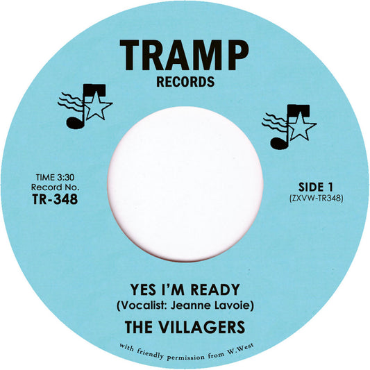 Etiqueta central azul del vinilo The Villagers – Yes I'm Ready de Tramp Records, lado A, con créditos, duración y número de catálogo TR-348 claramente visibles.