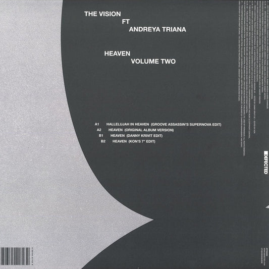 Contraportada del vinilo The Vision Ft. Andreya Triana – Heaven (Volume Two) con listado de pistas del sello Defected en 12" sobre diseño minimalista gris y negro.
