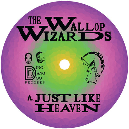 Etiqueta central del lado A del vinilo The Wallop Wizards – Just Like Heaven / Boogie, Boogie, Boogie de Ding Dang Do Records en formato 12", con arte psicodélico en tonos púrpura y verde y el título “Just Like Heaven”.
