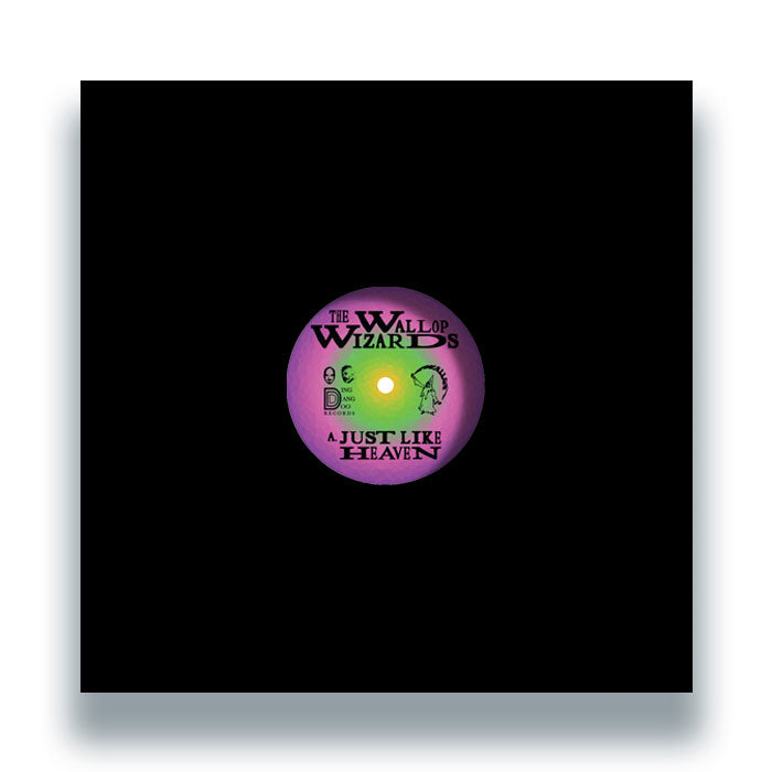 Portada del vinilo 12" The Wallop Wizards – Just Like Heaven / Boogie, Boogie, Boogie con centro visible en tonos púrpura y verde sobre una funda negra minimalista.