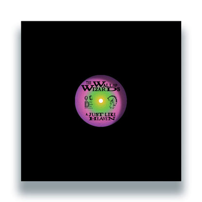 Portada del vinilo 12" The Wallop Wizards – Just Like Heaven / Boogie, Boogie, Boogie con centro visible en tonos púrpura y verde sobre una funda negra minimalista.