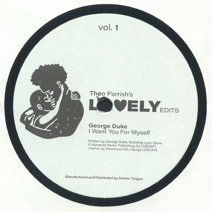 Contraportada del vinilo "Theo Parrish – Lovely Edits Vol. 1" en el sello Mother Tongue Records, 12". Incluye la referencia "George Duke – I Want You For Myself" con los créditos de la canción y año de publicación.