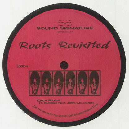 Portada delantera del vinilo Theo Parrish - Roots Revisited, publicado por Sound Signature en formato 12". Diseño rojo con tipografía negra y arte gráfico. Texto impreso: "Roots Revisited", SS005-a, "Dan Ryan (T. Parrish Feat. Jerrald James)".