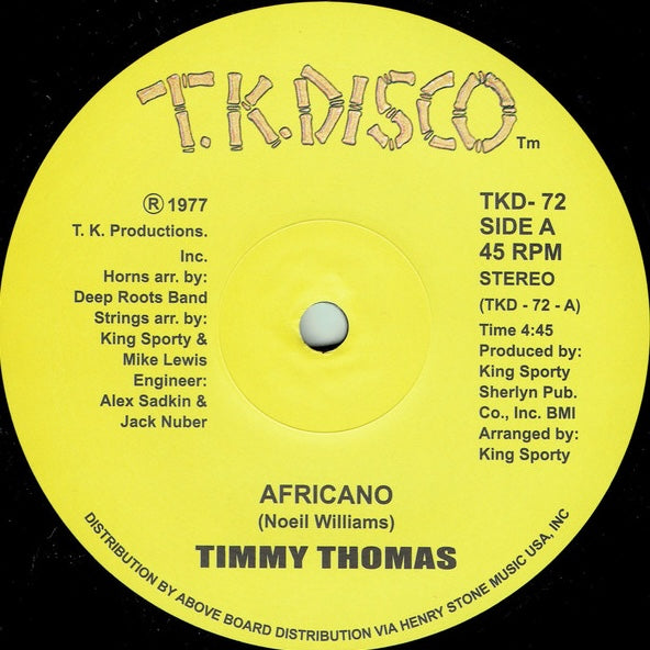 Etiqueta central amarilla del vinilo Timmy Thomas – Africano, lado A, sello T.K. Disco, reedición 12", muestra créditos de producción y catálogo TKD-72.