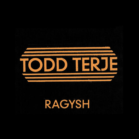 Portada del vinilo Todd Terje – Ragysh de Running Back, reimpresión 12", con logo retro en naranja sobre fondo negro.