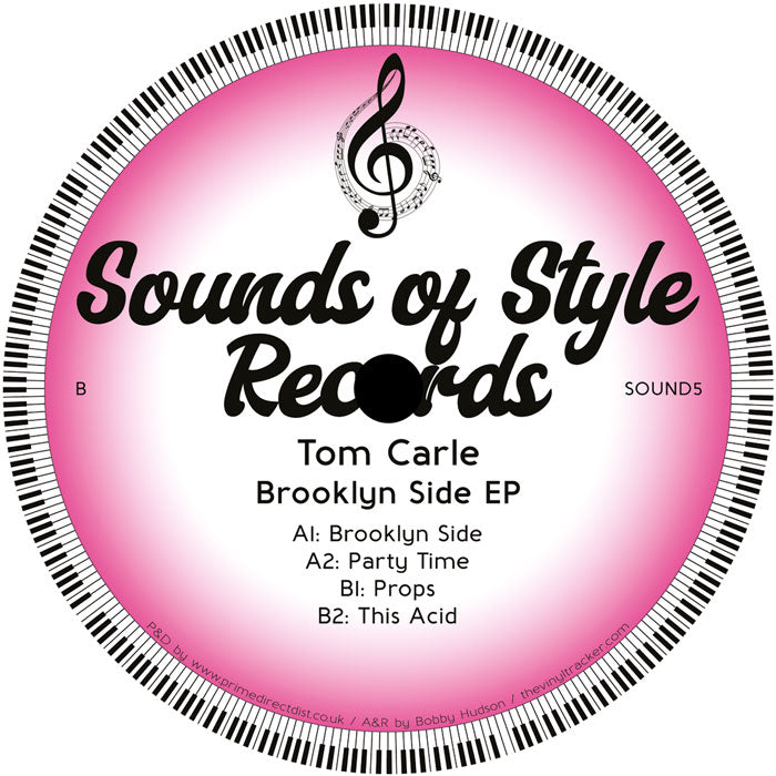 Etiqueta lado B del vinilo Tom Carle – Brooklyn Side EP en [Sounds of Style Records], lista de pistas A1-B2, créditos y catálogo SOUND5 en diseño rosa.